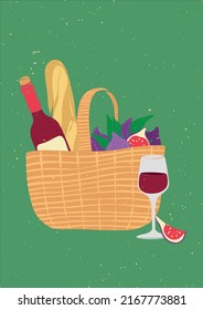 Picnic in nature. Vector illustration with a bottle of wine, bread and figs in a picnic basket. Modern poster with organic products. Romantic summer date. Flat design.