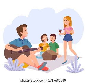 Picnic in Nature. Vector Table with Food and Drinks, Grill with Meat. Happy Summer Barbeque Illustration. Flat cartoon colorful vector illustration.