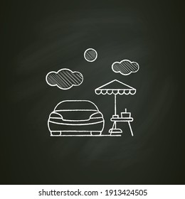 Picnic Near Car ,chalk Icon. Having Barbecue In Summer Near A New Car Concept. Sitting Under An Umbrella, Relaxing , Having Fun. Isolated Vector Illustration On Chalkboard