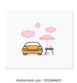 Picnic Near Car Color Icon. Having Barbecue In Summer Near A New Car Concept. Sitting Under An Umbrella, Relaxing , Having Fun. Isolated Vector Illustration