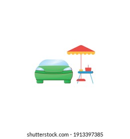 Picnic Near Car Flat Icon. Having Barbecue In Summer Near A New Car Concept. Sitting Under An Umbrella, Relaxing , Having Fun. 3D Color Vector Illustration