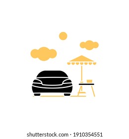 Picnic Near Car Glyph Icon. Having Barbecue In Summer Near A New Car Concept. Sitting Under An Umbrella, Relaxing , Having Fun.Filled Flat Sign. Isolated Silhouette Vector Illustration