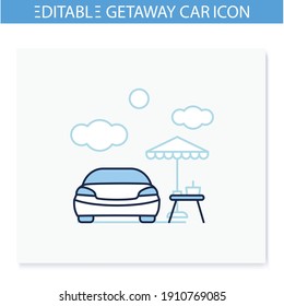 Picnic Near Car Line Icon. Having Barbecue In Summer Near A New Car Concept. Sitting Under An Umbrella, Relaxing , Having Fun. Isolated Vector Illustration. Editable Stroke