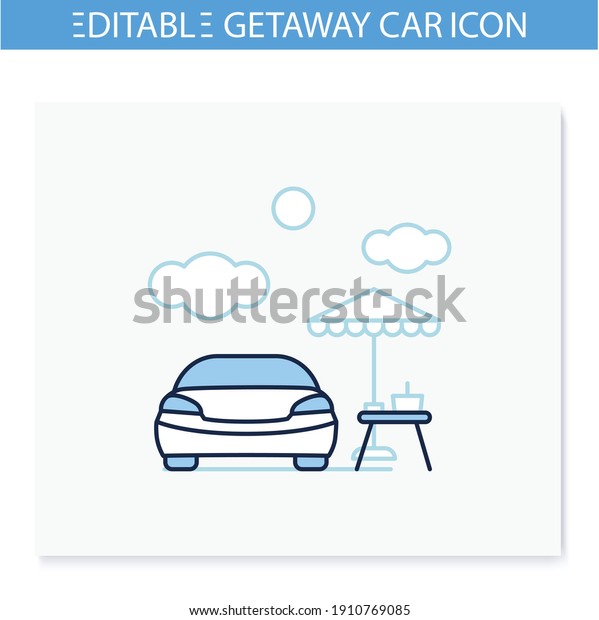 Picnic near car line\
icon. Having barbecue in summer near a new car concept. Sitting\
under an umbrella, relaxing , having fun. Isolated vector\
illustration. Editable\
stroke