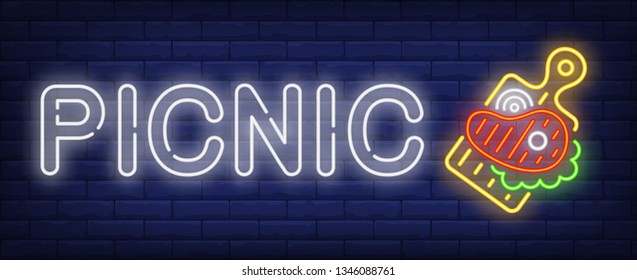 Picnic neon text with beef steak on cutting board. Meat cooking and meal design. Night bright neon sign, colorful billboard, light banner. Vector illustration in neon style.