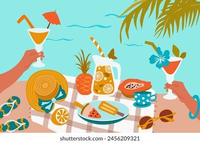 Picnic on  beach. Blanket with food, drinks and fruits. Colorful flat vector illustration.