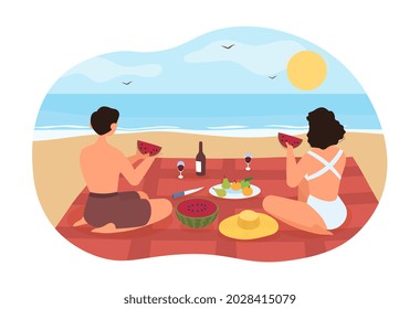 Picnic on beach concept. Young couple in love on romantic date. Man and woman are sitting on blanket near sea and eating watermelon. Cartoon flat vector illustration isolated on white background