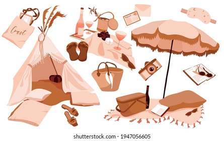 Picnic On The Beach Illustration Set. Handmade Indian Chalet, Plaid With Wine, Cheese And Grapes. Beach Umbrella With Pillows, Picnic Basket, Romantic Moments. Postcards, Camera, Straw Bag, Basket