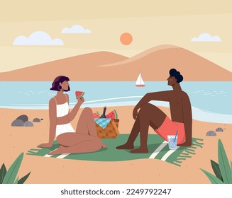 Picnic on beach. Man and woman sit on beach and look at lake or sea. People in nature with fruits, natural and organic products. Outdoor rest and relax concept. Cartoon flat vector illustration