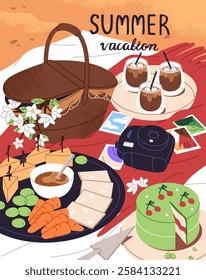 Picnic on beach poster design. Basket with flowers is on blanket with food, fruit, glasses of drink on sea shore. Summer eating at nature, romantic date outdoors postcard. Flat vector illustration