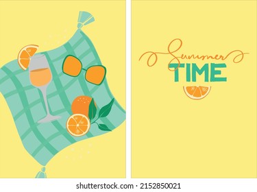 Picnic on the beach. Summer illustration with sunglasses, oranges and lemonade in a glass. A fun trip to a beach party. Modern poster with organic products. Summer event invitation. Flat design.