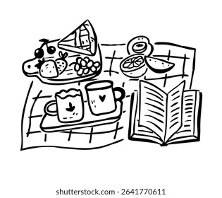 Picnic on blanket concept. Doodle brunch scene with food, book, cups. Hand drawn vector illustration.