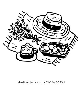 Picnic on blanket concept. Doodle brunch scene with flowers, coffee, straw hat, fruits. Hand drawn vector illustration.