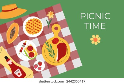 Picnic on blanket. Outdoor recreation. Barbecue in nature. Picnic time inscription.