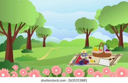 Picnic on a forest meadow. Relaxation on a nice sunny day. Picnic blanket and basket with food. Plate with fruits - watermelon, cherry, pear. Book and sunglasses. Green landscape, flower meadow