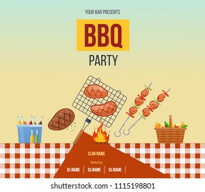 Picnic On Fresh Air, Advertising Poster Bbq Party. Invitation, Poster Template, Flyer For Passage To Event. Summer Festive Event Picnic Outdoor In Park, Invitation Card, Barbecue. Vector Illustration.