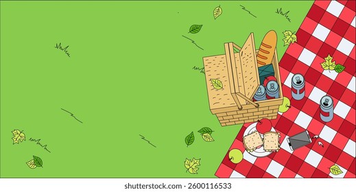 picnic on the grass. red plaid plaid, picnic basket with fruits and sandwiches. A colorful summer background with a place for text. vector illustration