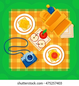 Picnic on the grass vector illustration. Picnic basket, camera, apple, sandwich, checkered tablecloth. Happy weekend