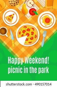 Picnic on the grass vector illustration. Happy weekend