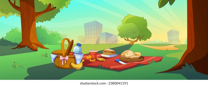 Picnic on lawn in city park. Contemporary vector illustration of meal basket, fresh fruit, appetizing sandwich and bottle of water on ground, lunch under tree in public garden, modern cityscape view