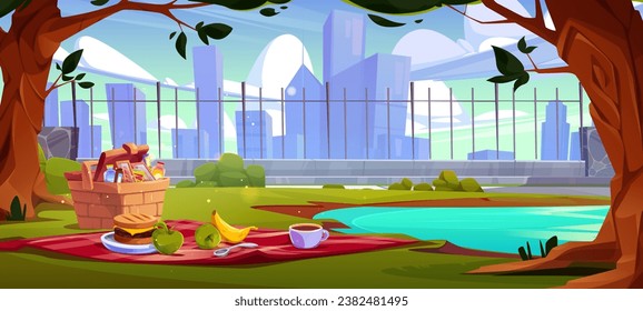 Picnic on lawn near lake in city park. Vector cartoon illustration of meal basket, fresh fruit, appetizing burger and cup of coffee on ground, lunch under tree in public garden, modern cityscape view