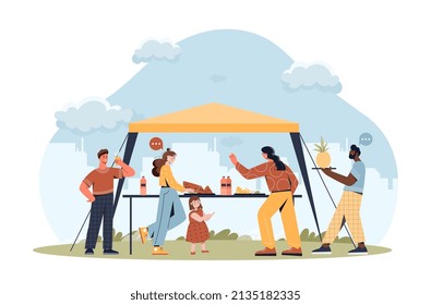 Picnic on nature. Characters near tent with food, shield from sun rays, summer or spring season. Active lifestyle and hiking, big family in city or town park. Cartoon flat vector illustration