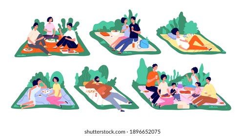 Picnic on nature. Family vacation, picnics spring or summer. People eat lunch in park, fun friends meet weekend. Healthy recreation utter vector scenes