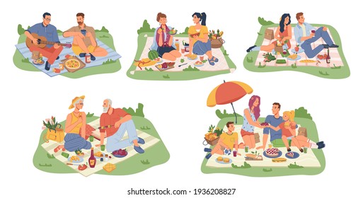 Picnic on nature, people sitting on blankets with food and drinks isolated flat cartoon icons. Vector man and woman, parents grandparents and children, friends having meal outdoors. Food and drinks