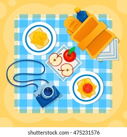 Picnic on the sand vector illustration. Picnic basket, camera, apple, sandwich, checkered tablecloth. Happy summer sea
