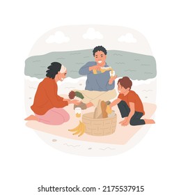 Picnic on seashore isolated cartoon vector illustration. Happy family members sitting on blanket on sand, food in picnic basket, travel to the seaside, lunch at the beach vector cartoon.