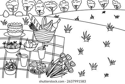 Picnic on summer field vector hand drawn sketch. Hand drawn Coloring page with summer picnic with fresh food