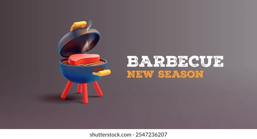 Picnic, the opening of the new season. 3D grill, steak, smoke. Dark banner for outdoor recreation concepts. Vector illustration.