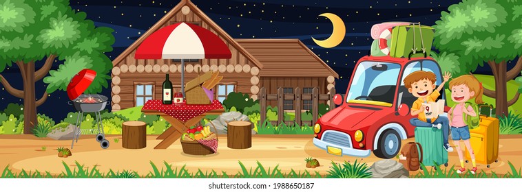 Picnic outdoor at night scene with a couple in travelling theme illustration