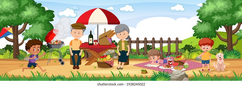 Picnic outdoor scene with happy family illustration