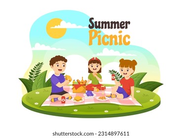 Picnic Outdoors Vector Illustration of Kids Sitting on a Green Grass in Nature on Summer Holiday Vacations in Cartoon Hand Drawn Templates