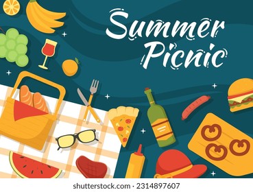 Picnic Outdoors Vector Illustration of People Sitting on a Green Grass in Nature on Summer Holiday Vacations in Flat Cartoon Hand Drawn Templates