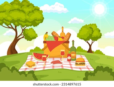 Picnic Outdoors Vector Illustration of People Sitting on a Green Grass in Nature on Summer Holiday Vacations in Flat Cartoon Hand Drawn Templates