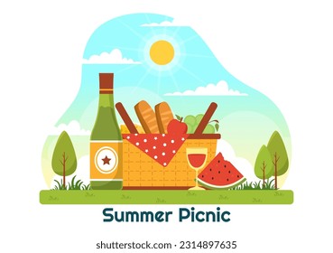 Picnic Outdoors Vector Illustration of People Sitting on a Green Grass in Nature on Summer Holiday Vacations in Flat Cartoon Hand Drawn Templates