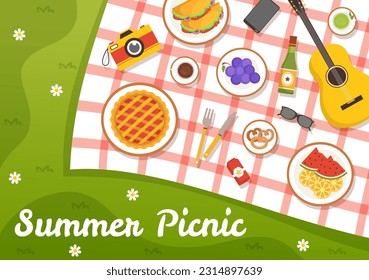 Picnic Outdoors Vector Illustration of People Sitting on a Green Grass in Nature on Summer Holiday Vacations in Flat Cartoon Hand Drawn Templates