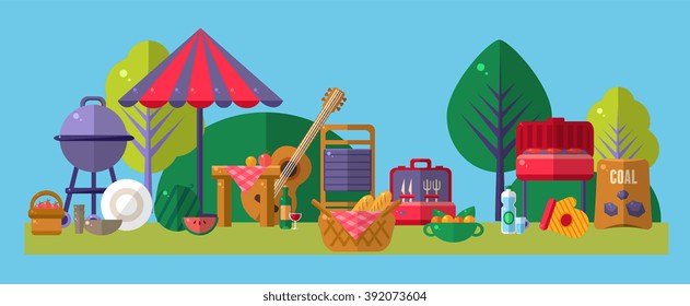 Picnic Outside Objects Collection  Lined Horisontally Flat Vector Ilustration On Light Blue Background