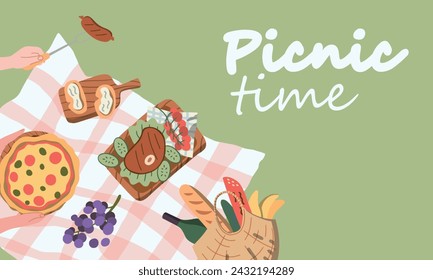 Picnic in the park. Basket of delicious food fruits, vegetables, pies, buns, pizza. Cards. Background space for text. View from above. Flat design style. Vector illustration