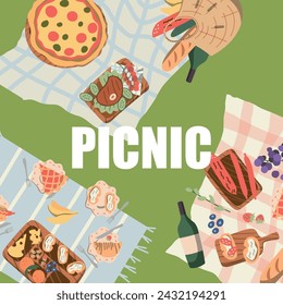 Picknick im Park. Korb mit köstlichen Speisen, Obst, Gemüse, Kuchen, Brötchen. Karten. Hintergrundbereich für Text. Blick von oben. Flacher Design-Stil. Vektorgrafik