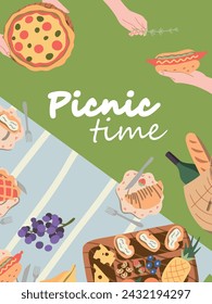 Picnic in the park. Basket of delicious food fruits, vegetables, pies, buns. Cards. Background space for text. View from above. Flat design style. Vector illustration