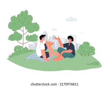 Picnic in park concept.Two young guys sitting in city park on green lawn and chatting.Work break,meeting or weekend away with friend.Cityscape in background.Vector flat illustration in cartoon style