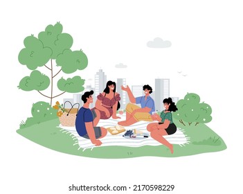 Picnic en el parque. concepto.Grupo de jóvenes sentados en un parque sobre manta, comiendo aperitivos y bebidas,tiempo juntos.Entorno urbano en segundo plano.Ilustración vectorial plana en estilo de caricatura