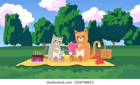 Picnic in the park cute chill lo fi wallpaper. Kittens celebrating birthday. Cute pets drinking tea 2D vector cartoon characters illustration, lofi anime background. 90s kawaii aesthetic, dreamy vibes