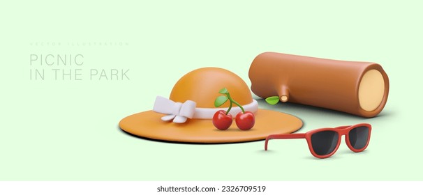 Picnic in park. Cute poster in cartoon style. 3D women sun hat, stylish sunglasses, ripe cherries, log. Pastoral concept of recreation outdoor. Healthy snack, natural food