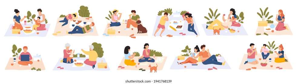 Picnic in park. Friends and couples at picnic, outdoor nature recreation, people having lunch together. Summer picnic vector illustration set