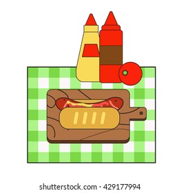 Picnic in park with hotdog. Flat vector illustration