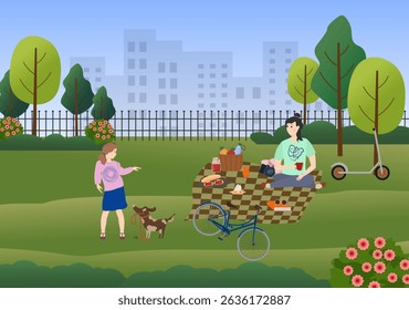 Picnic in the park. Mother and daughter walking in the park. Picnic blanket. Girl playing with a dog. Bicycle and scooter. Basket with groceries. Jam and sandwiches. Vector illustration